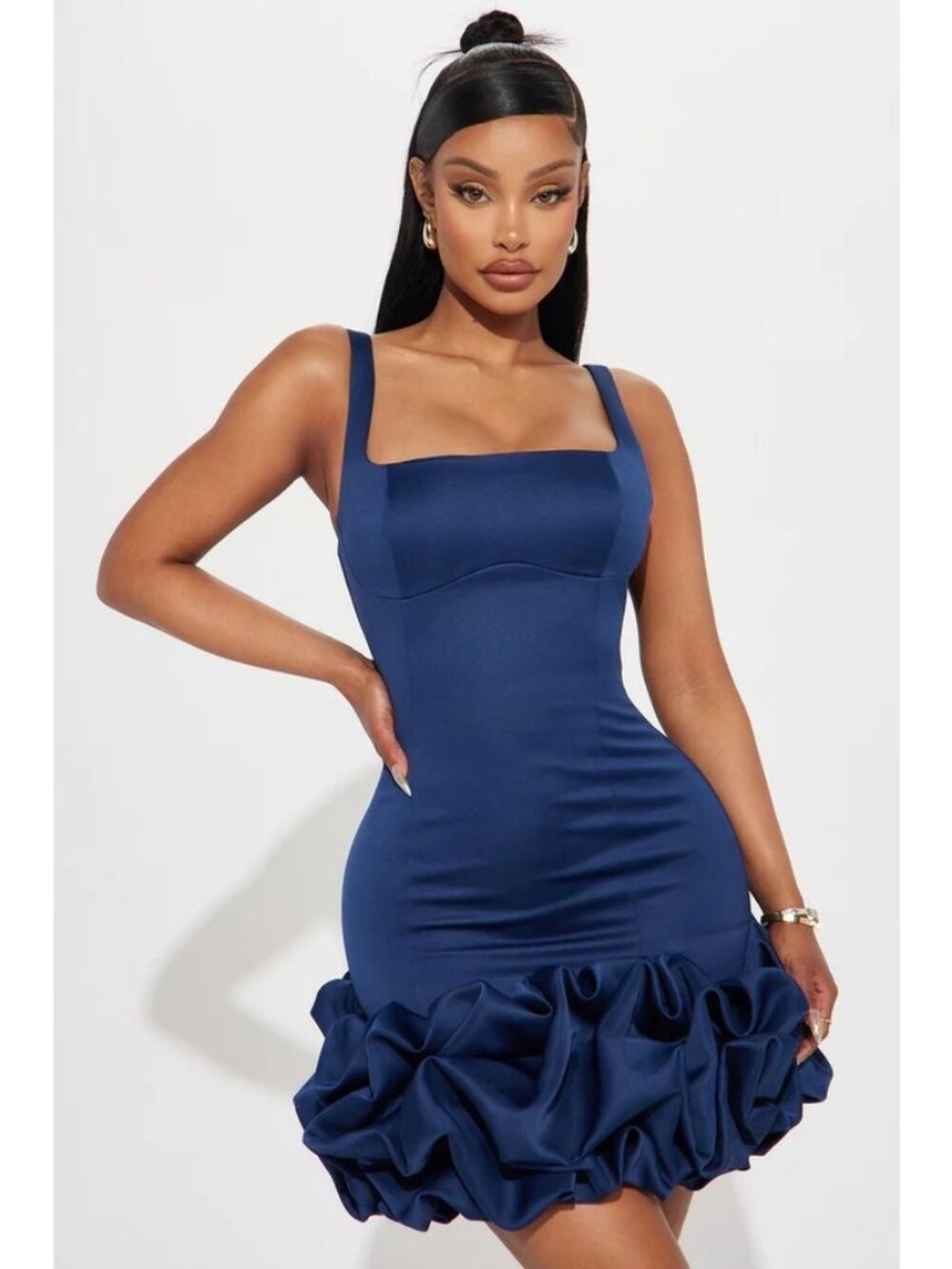 Fashion Nova Dress Size XL Sienna Satin Mini Navy Ruffle Hem Sleeveless